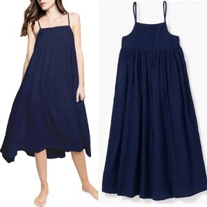 Petite Plume Serene Cotton Gauze Nightgown with Pockets XS Navy Blue Midi Dress